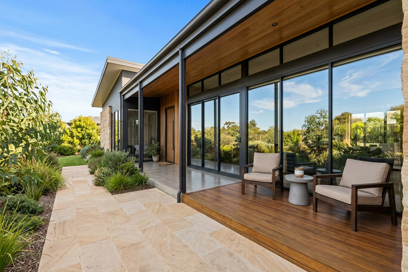 Clean modern home exterior with timber deck and windows